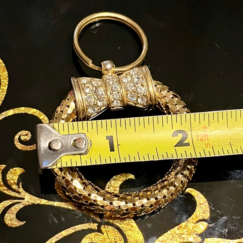 Whiting & Davis Gold Metal Mesh Key Ring Rhinestone Bow - Picture 4 of 5